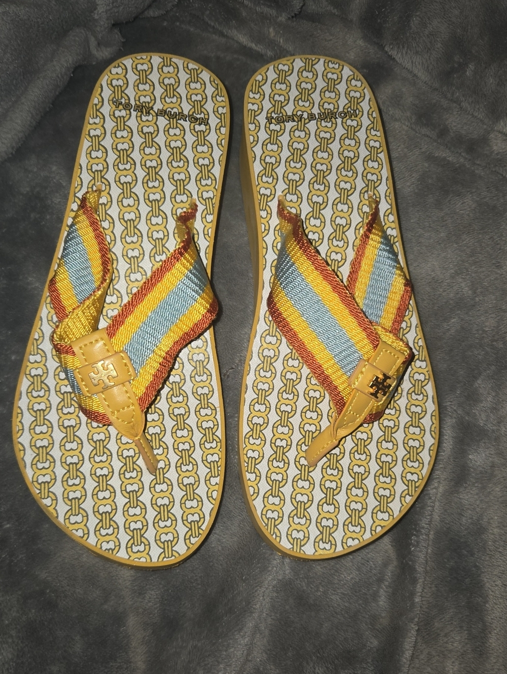 Tory Burch Yellow Multicolor Stripe Flip Flops